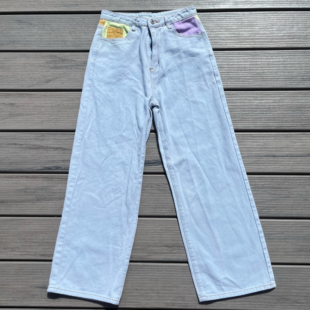 Cider; Light Blue; Wide Leg; Soft Denim; ColorBlock Pink/Green/Orange/Purple;
